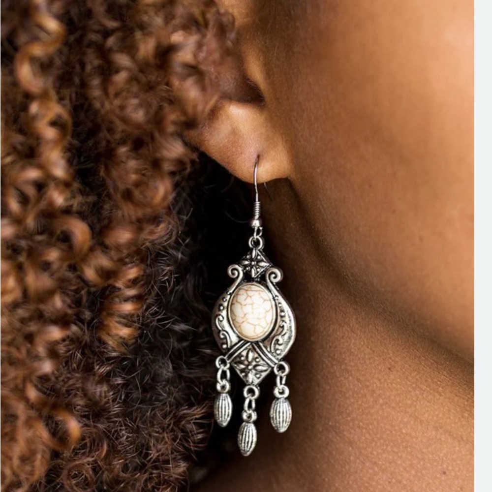 Paparazzi Silver and Cream Dangle Earrings with Pearl Accents